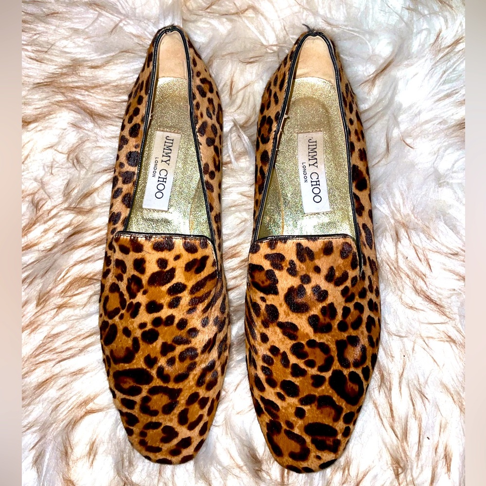 JIMMY CHOO Leopard Print Pony Hair Loafers